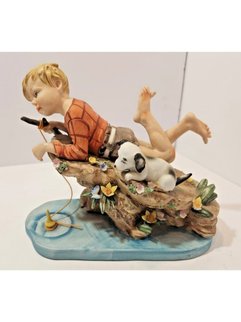 Vtg Mid-Century Modern Lugenes Japan Porcelain Boy Fishing with Dog Figurine